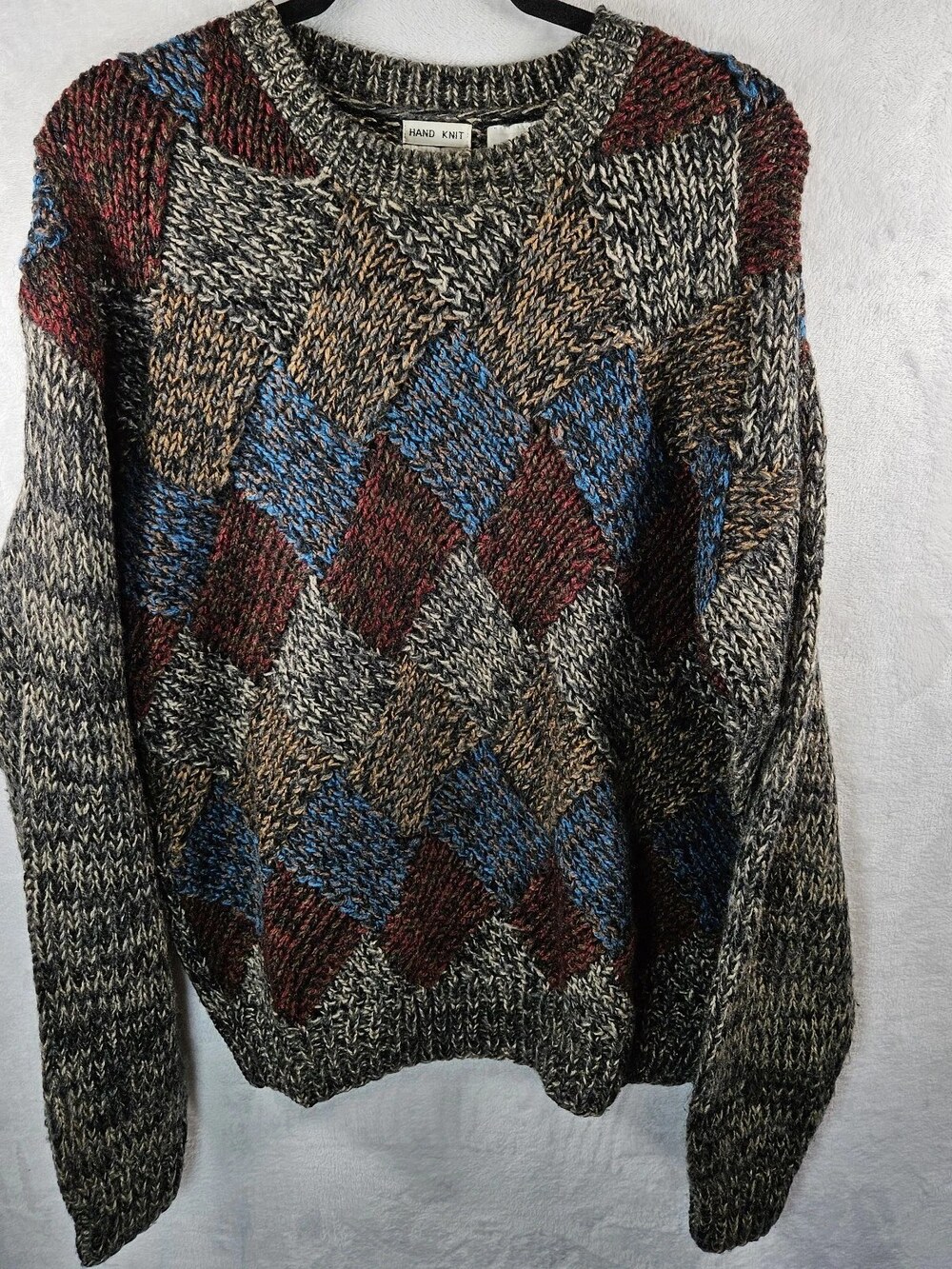 VTG Bachrach Hand Knit Crewneck Sweater Diamond Argyle Multicolor Mens Sz Medium
